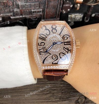 Copy Franck Muller “Crazy Hour” Rose Gold Iced Out Watch